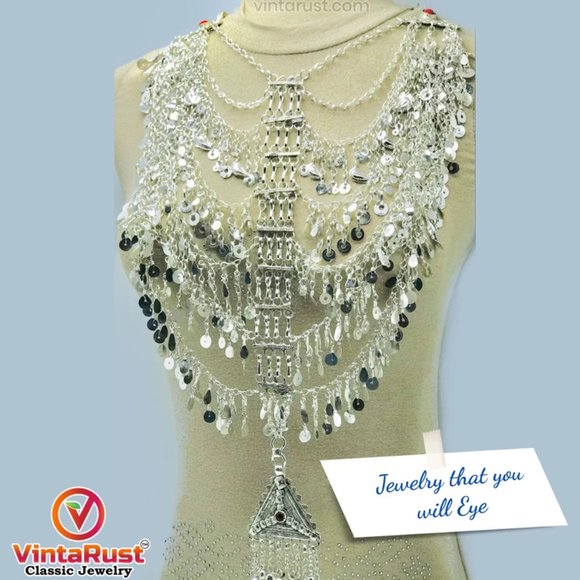 Multilayers Afghan Necklace, Tribal Afghani Necklace With Dangling Tassels - Picture 5 of 11